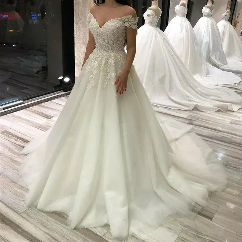 Off The Shoulder Lace Wedding Dresses For France Women Court Train A Line Robe De Soirée De Mariage Bridal Gown