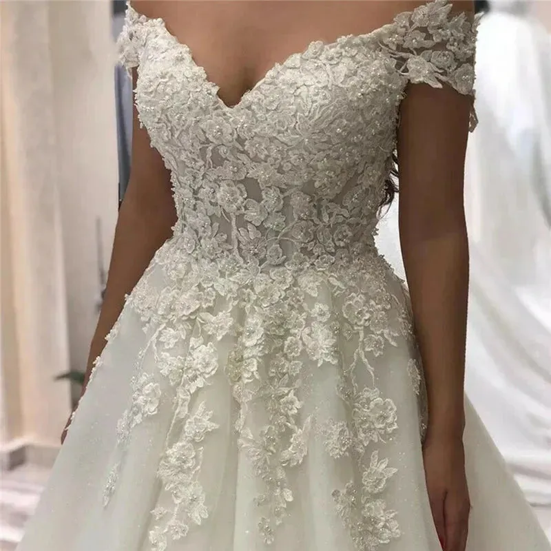 Off The Shoulder Lace Wedding Dresses For France Women Court Train A Line Robe De Soirée De Mariage Bridal Gown