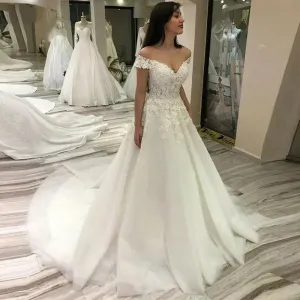 Off The Shoulder Lace Wedding Dresses For France Women Court Train A Line Robe De Soirée De Mariage Bridal Gown