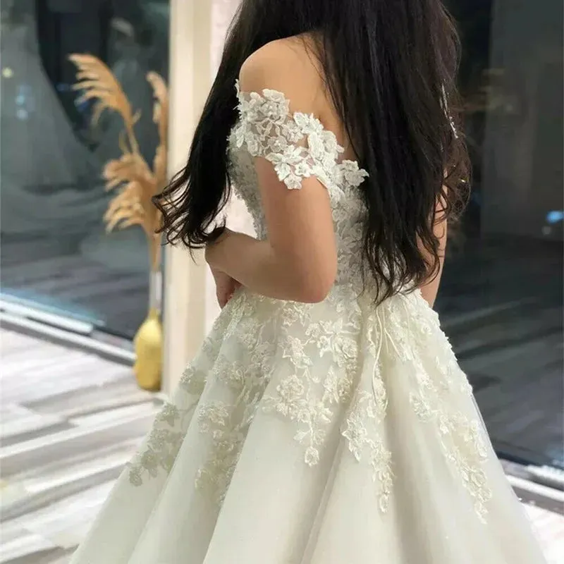 Off The Shoulder Lace Wedding Dresses For France Women Court Train A Line Robe De Soirée De Mariage Bridal Gown