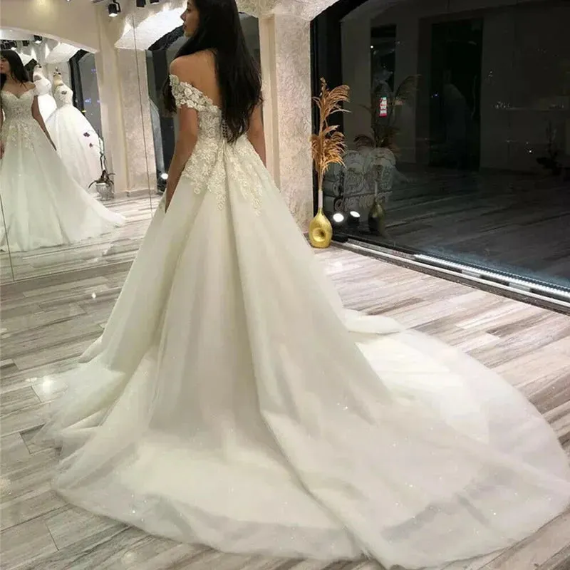 Off The Shoulder Lace Wedding Dresses For France Women Court Train A Line Robe De Soirée De Mariage Bridal Gown
