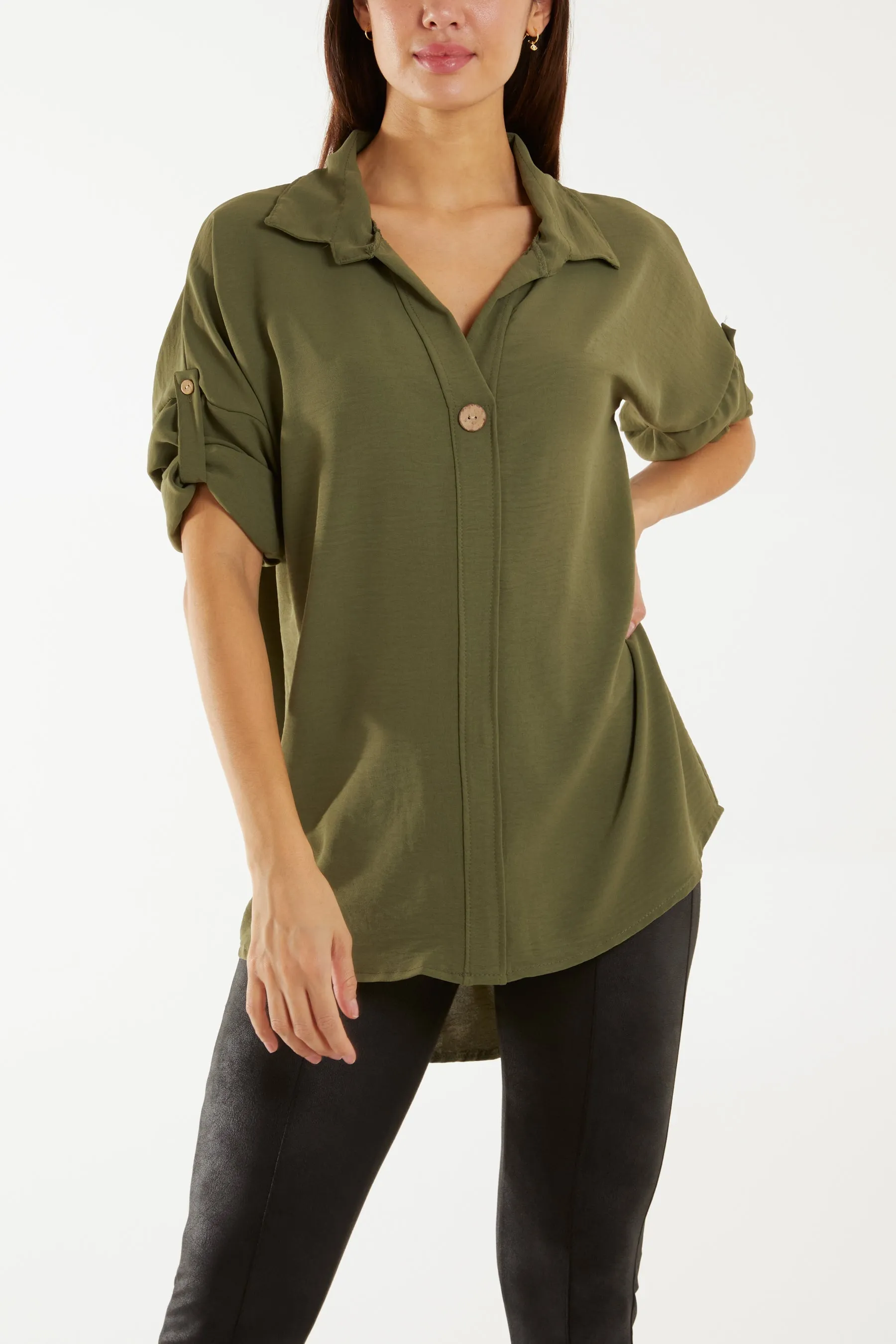 Open Collar Wooden Button Blouse