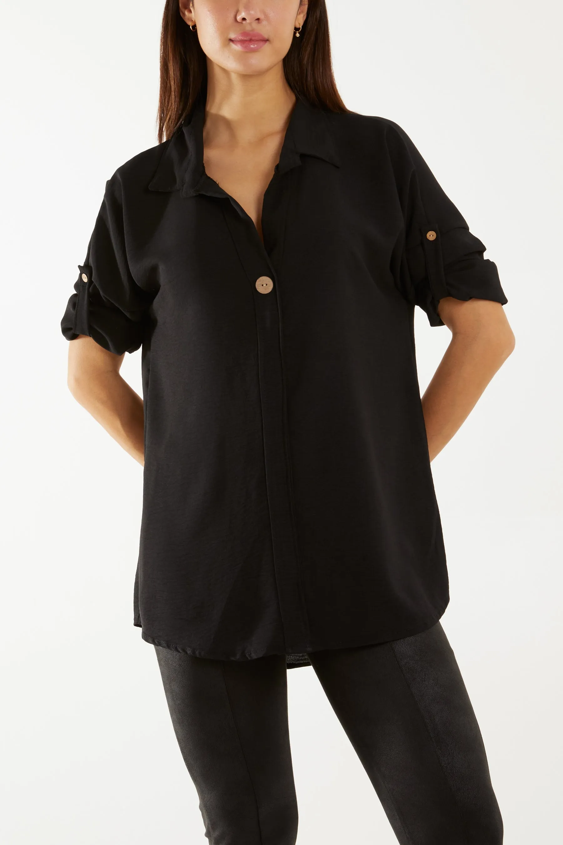 Open Collar Wooden Button Blouse