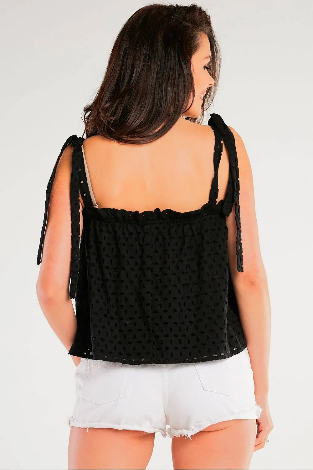 Openwork Tied Blouse with Elastic Neckline