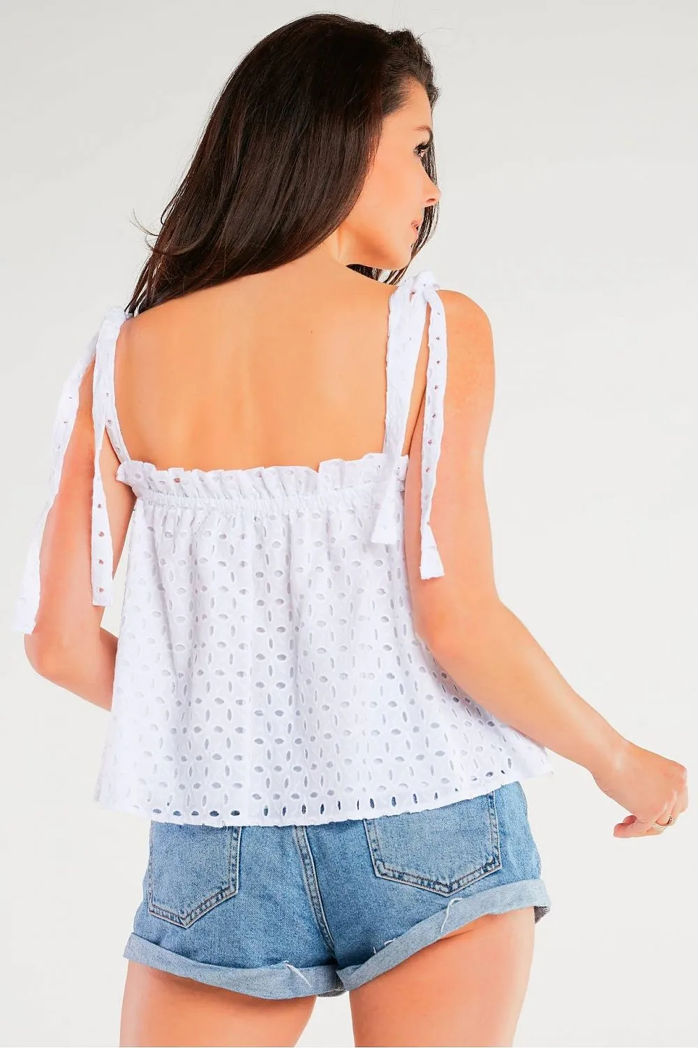 Openwork Tied Blouse with Elastic Neckline