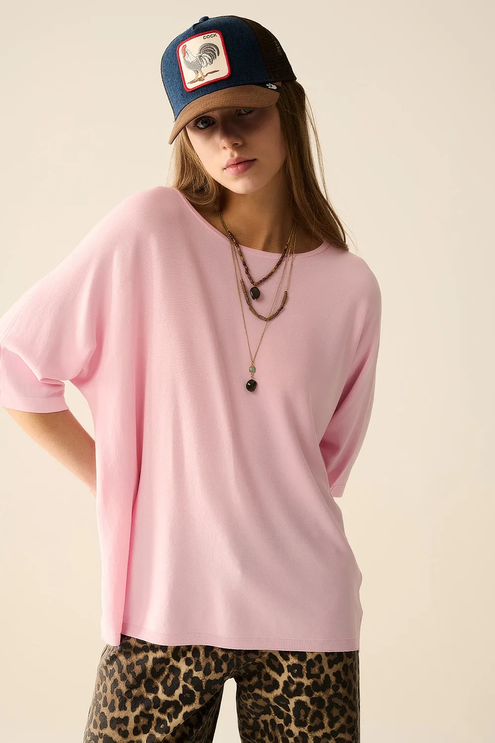 Oversized sweater in Pink with Elbow-Length Sleeves