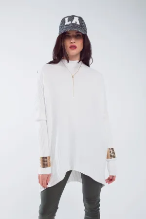 Oversized white sweater with stripes details