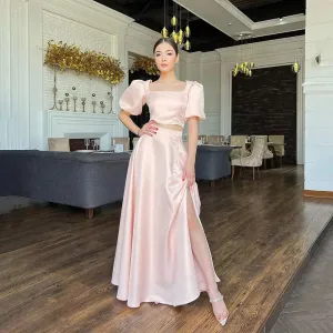 Pink Satin Evening Dresses Short Sleeves Two Pieces Prom Dresses Square Collar Prom Gowns Slit vestidos de novia