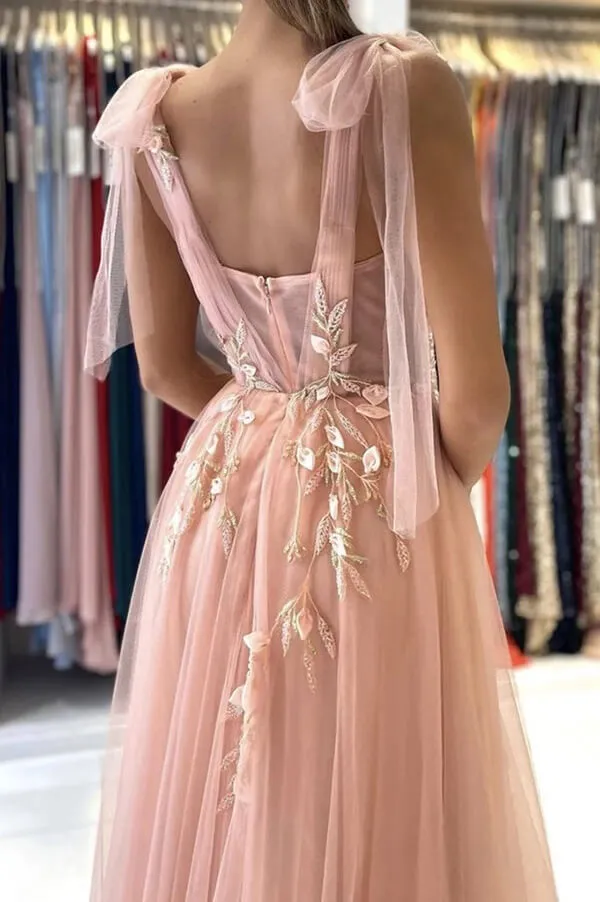 Pink Tulle Floral Lace A-line Sweetheart Long Prom Dresses With Side Split, SP750