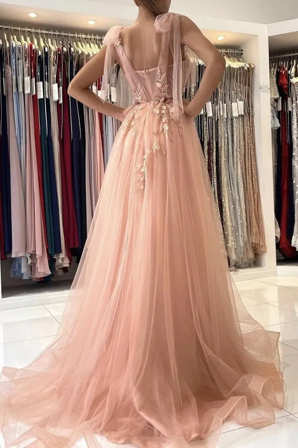 Pink Tulle Floral Lace A-line Sweetheart Long Prom Dresses With Side Split, SP750