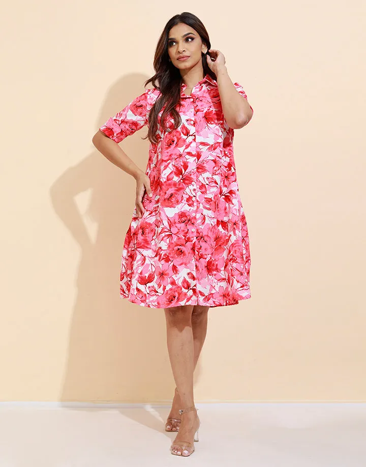 Printed A Line Dress with Buttons