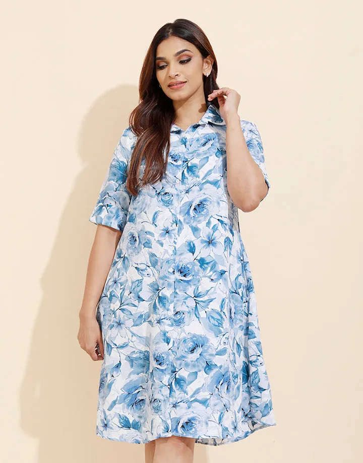 Printed A Line Dress with Buttons