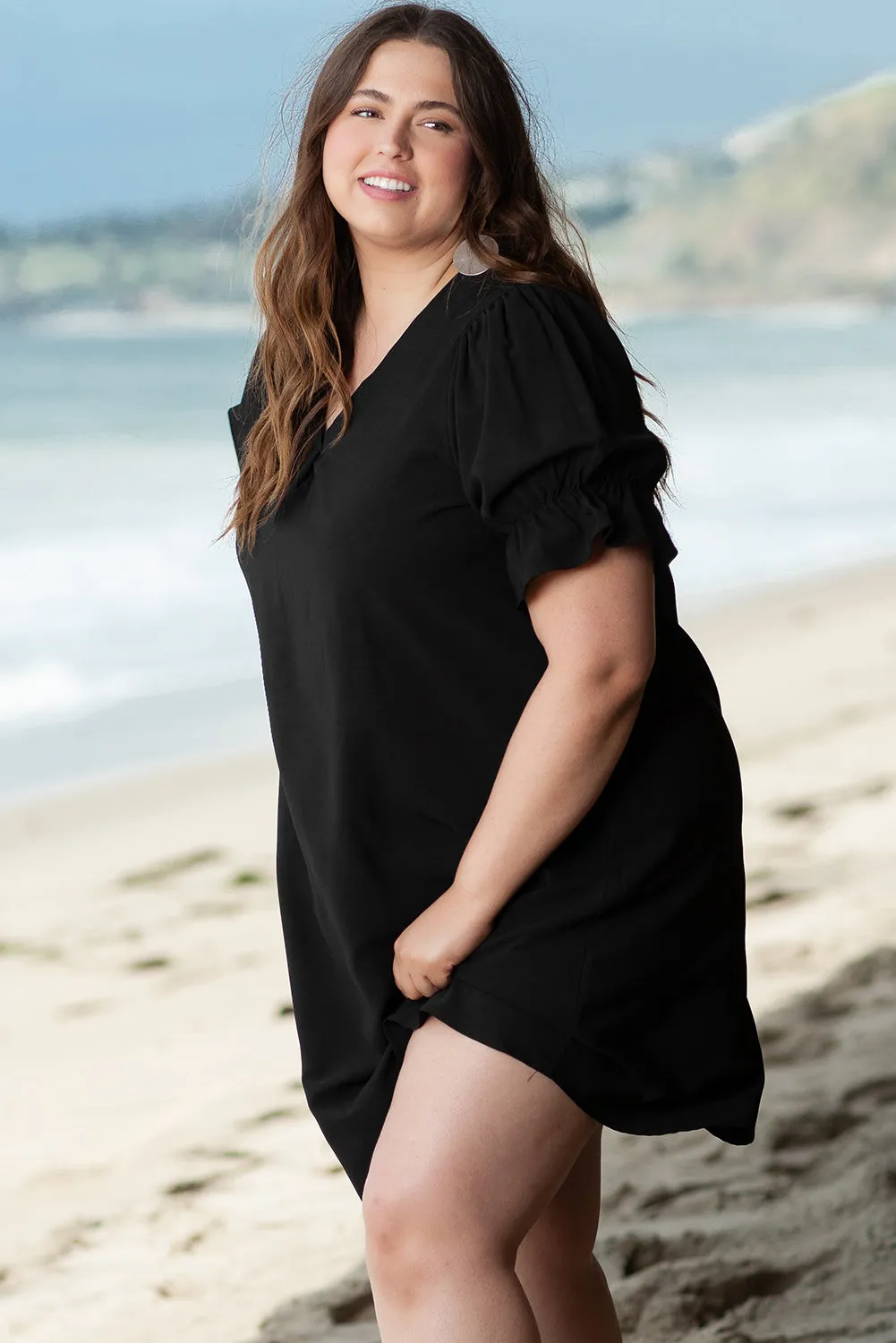 Puff Sleeve Plus Size Mini Dress