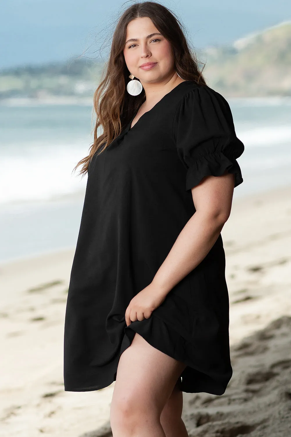 Puff Sleeve Plus Size Mini Dress