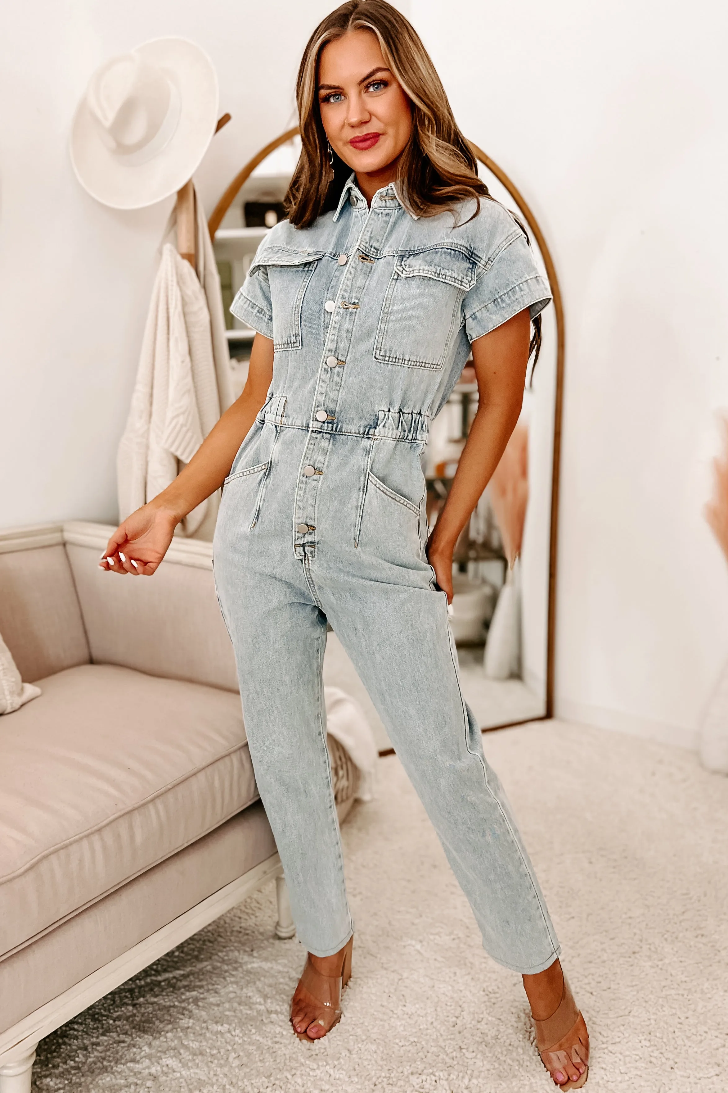 Quick Study Button-Down Denim Jumpsuit (Denim)