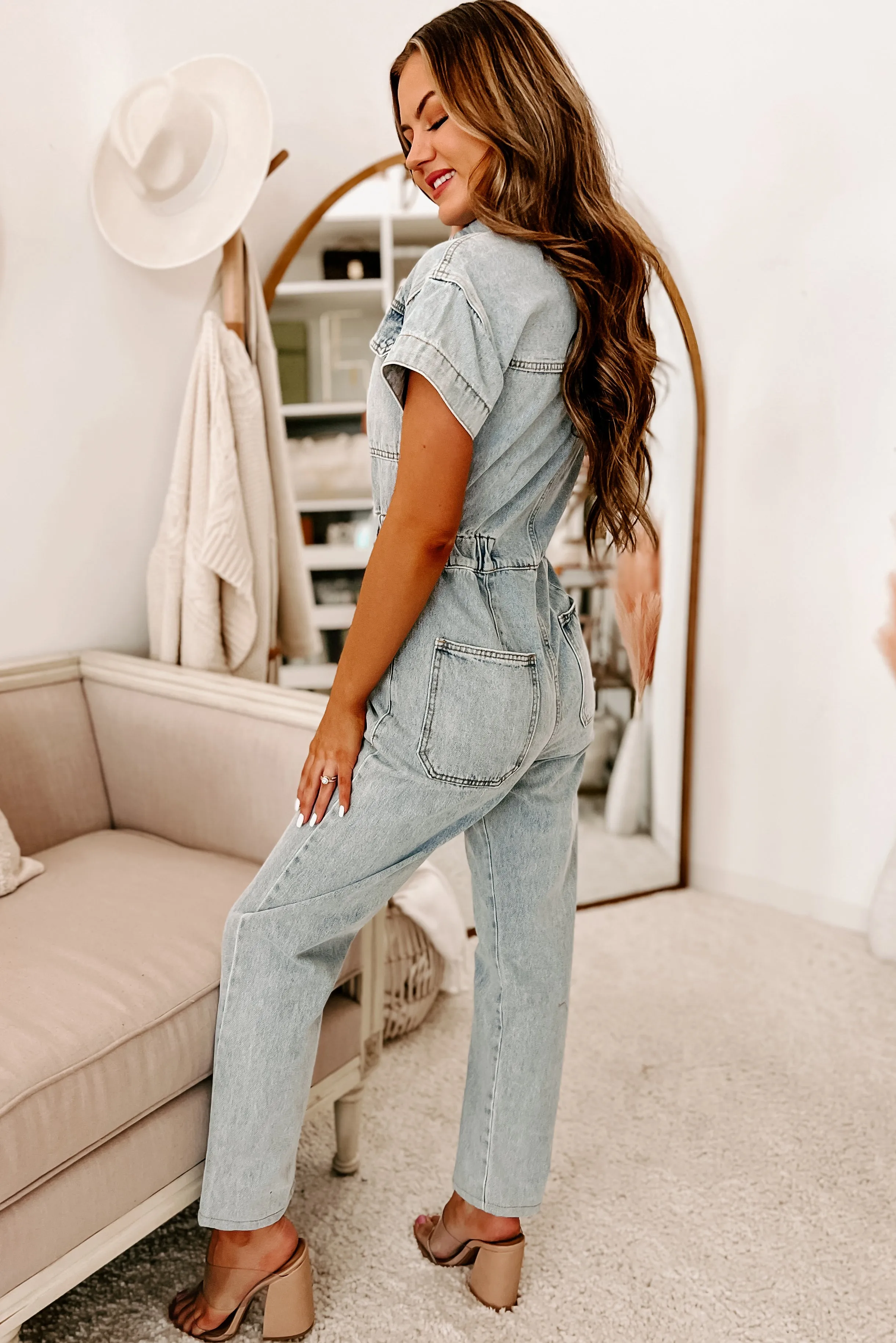 Quick Study Button-Down Denim Jumpsuit (Denim)