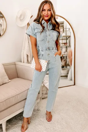 Quick Study Button-Down Denim Jumpsuit (Denim)