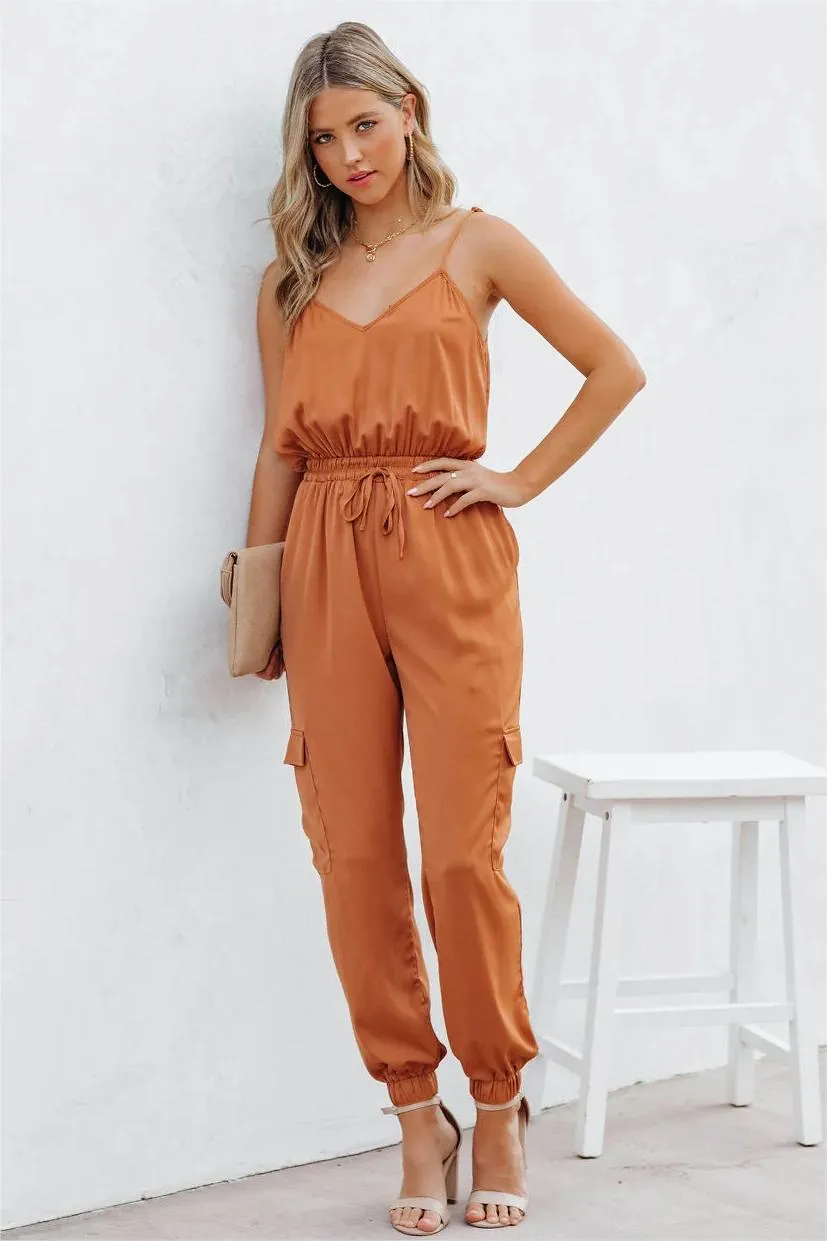 Quince Pocketed Satin Utility Jumpsuit - Rust