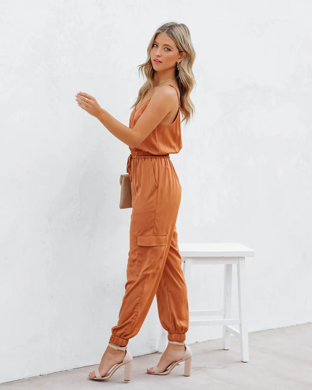 Quince Pocketed Satin Utility Jumpsuit - Rust