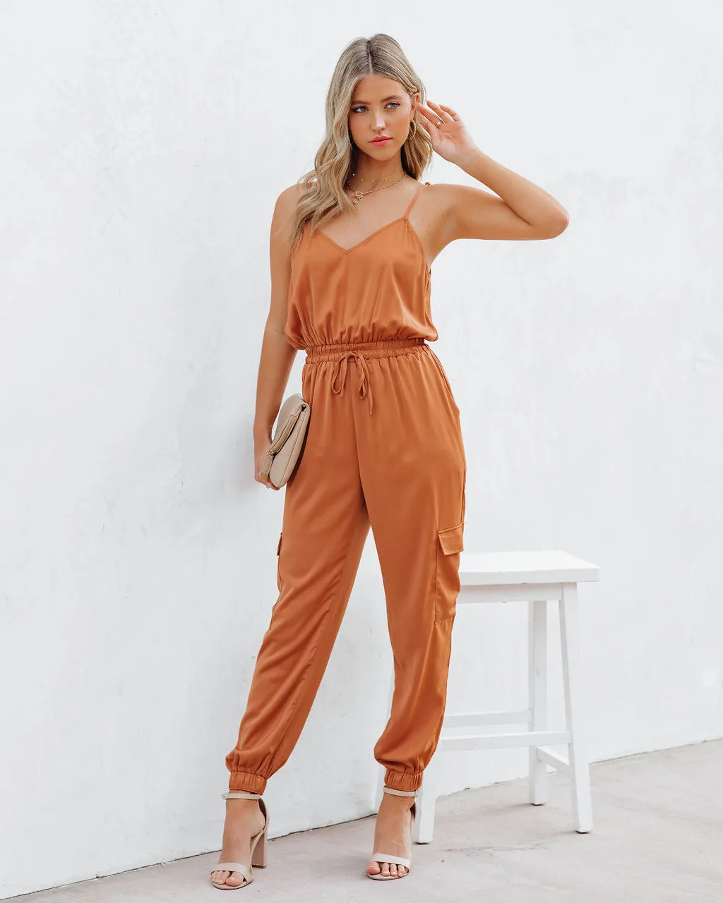 Quince Pocketed Satin Utility Jumpsuit - Rust