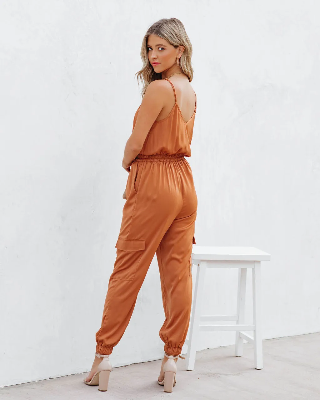 Quince Pocketed Satin Utility Jumpsuit - Rust