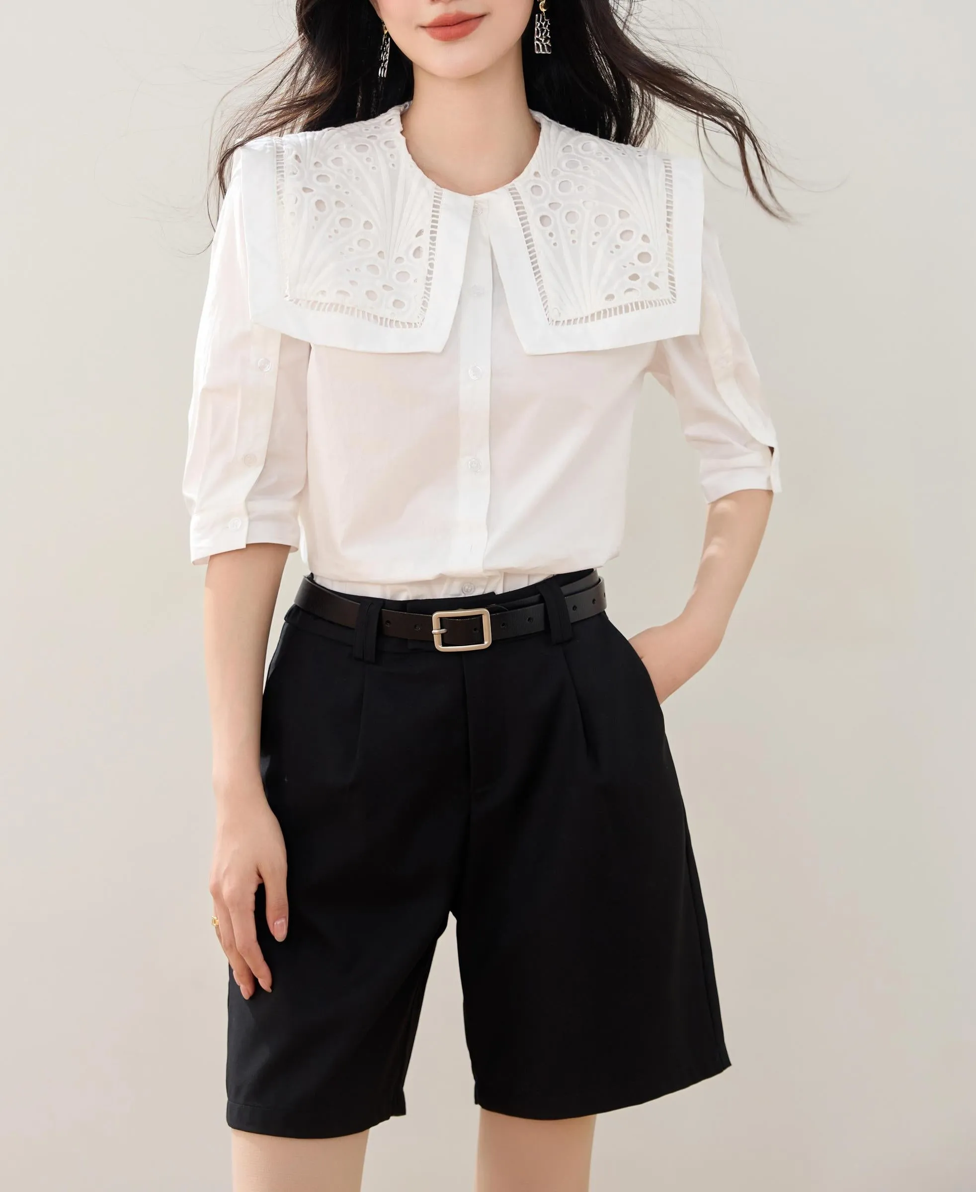 Relaxed-fit Button-up Blouse for Women with Sheer Details