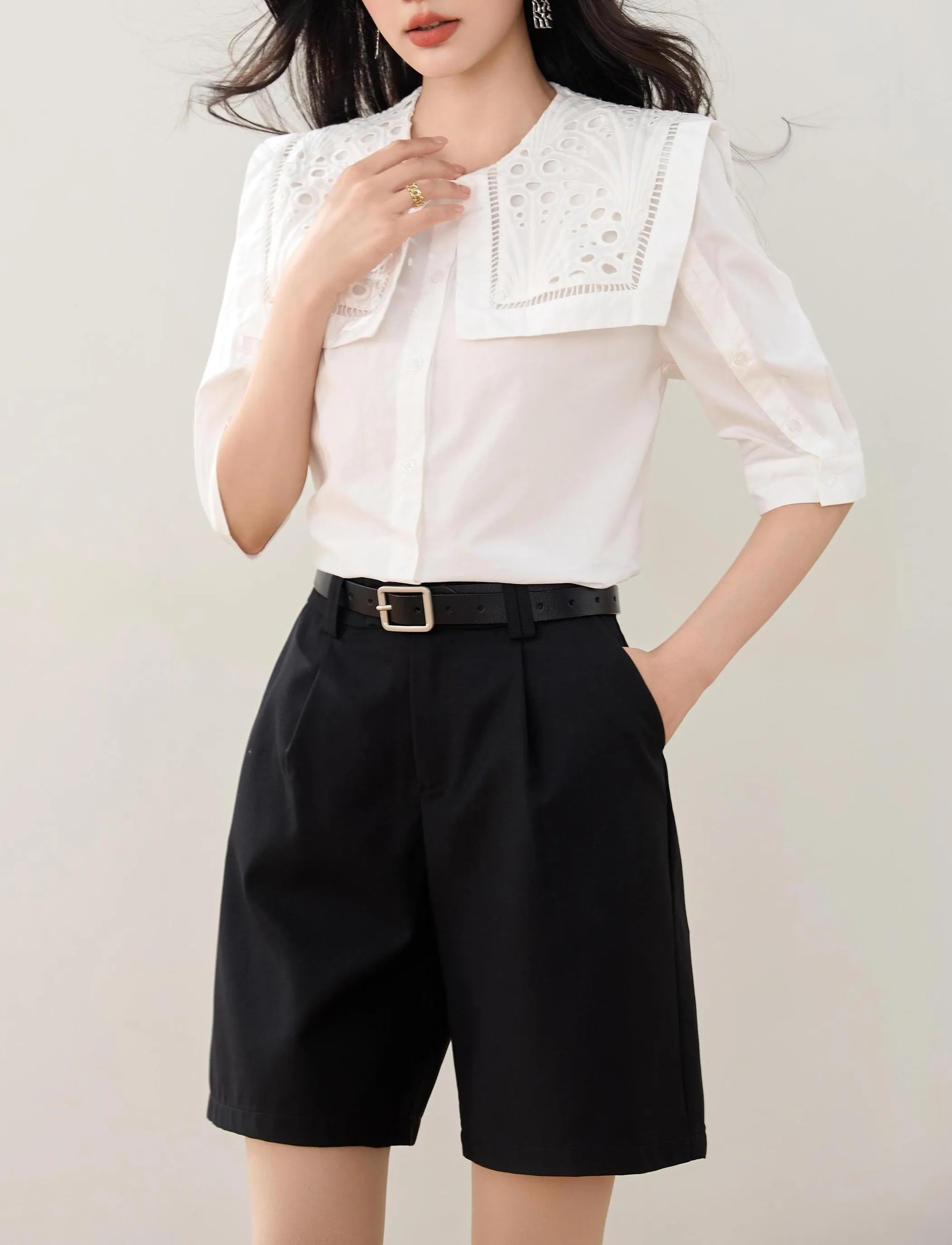 Relaxed-fit Button-up Blouse for Women with Sheer Details