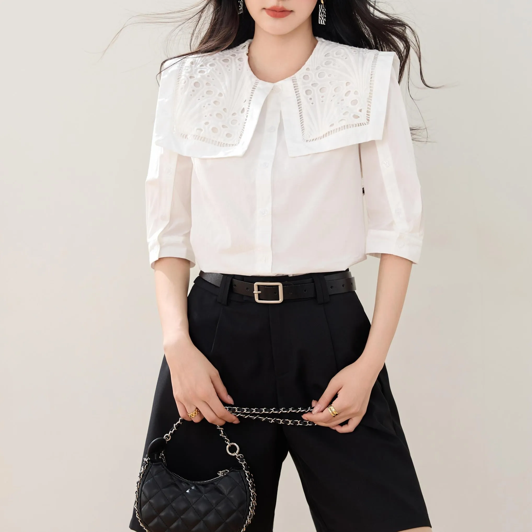 Relaxed-fit Button-up Blouse for Women with Sheer Details