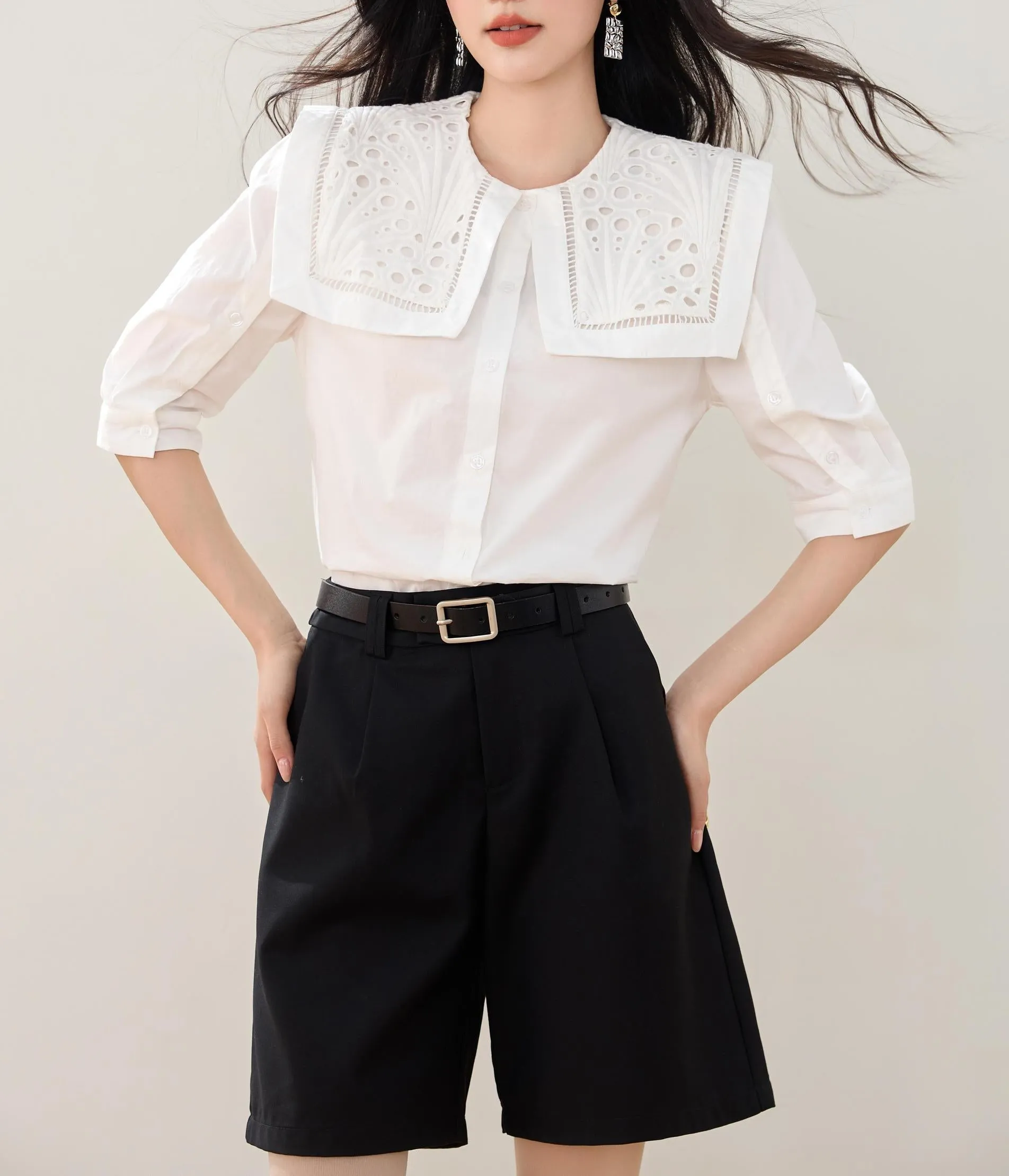 Relaxed-fit Button-up Blouse for Women with Sheer Details
