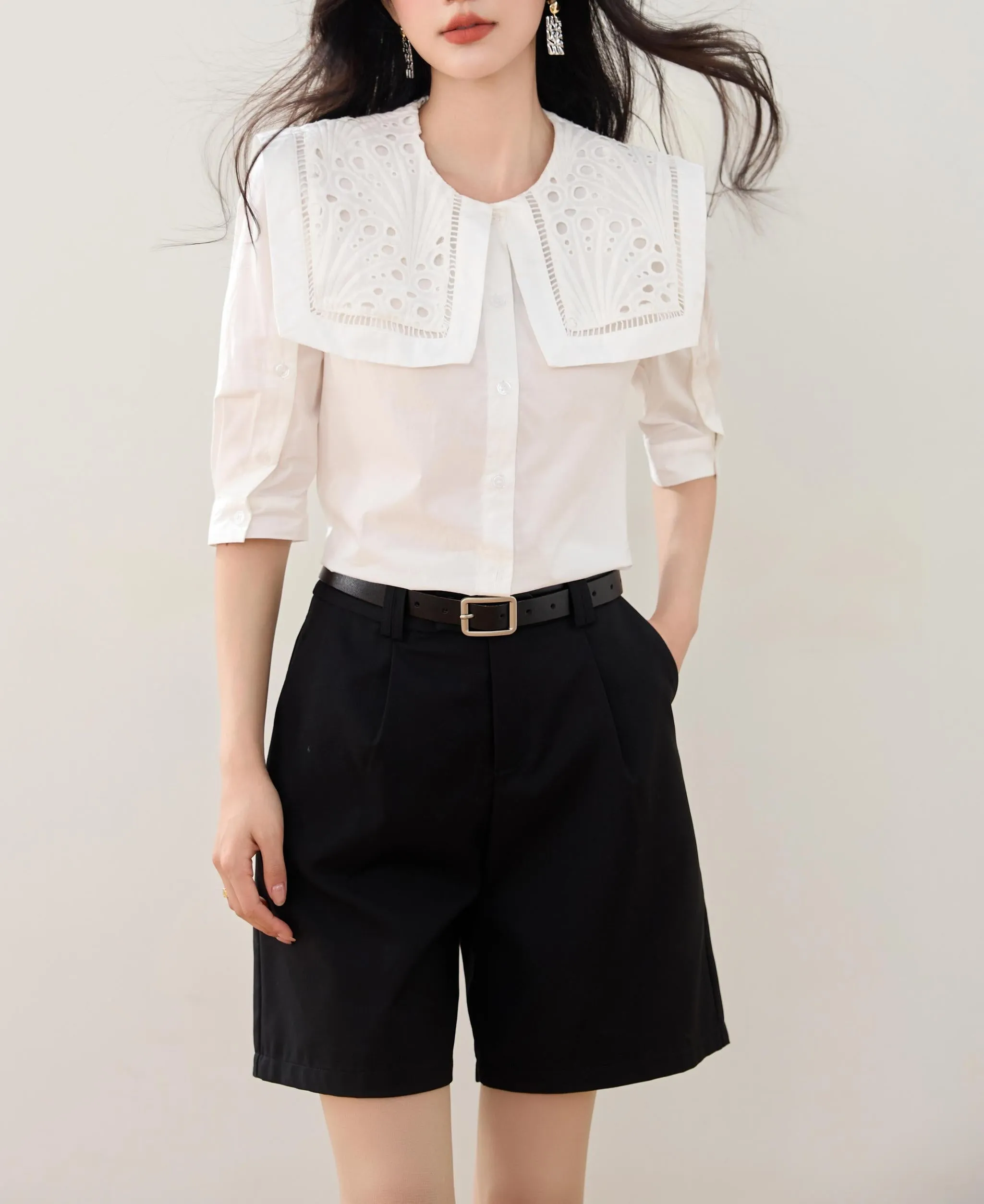 Relaxed-fit Button-up Blouse for Women with Sheer Details