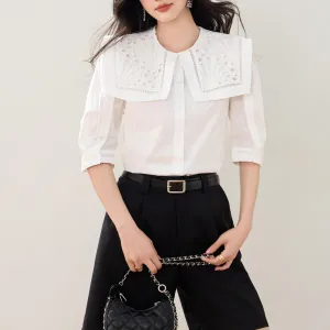Relaxed-fit Button-up Blouse for Women with Sheer Details