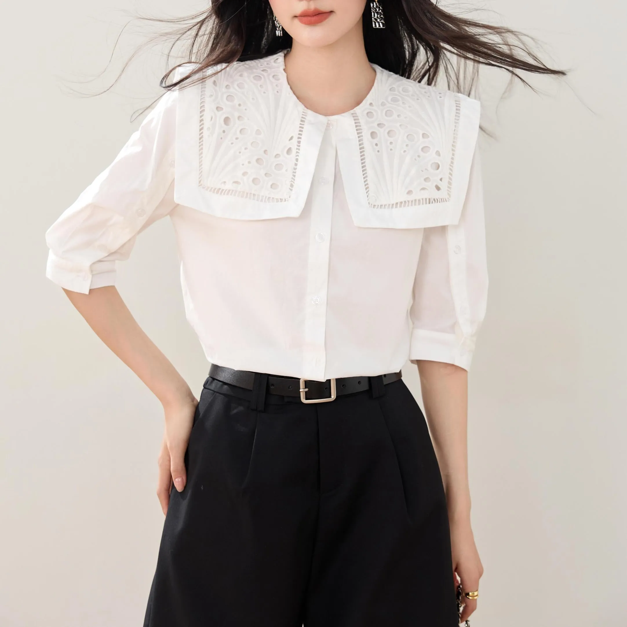 Relaxed-fit Button-up Blouse for Women with Sheer Details