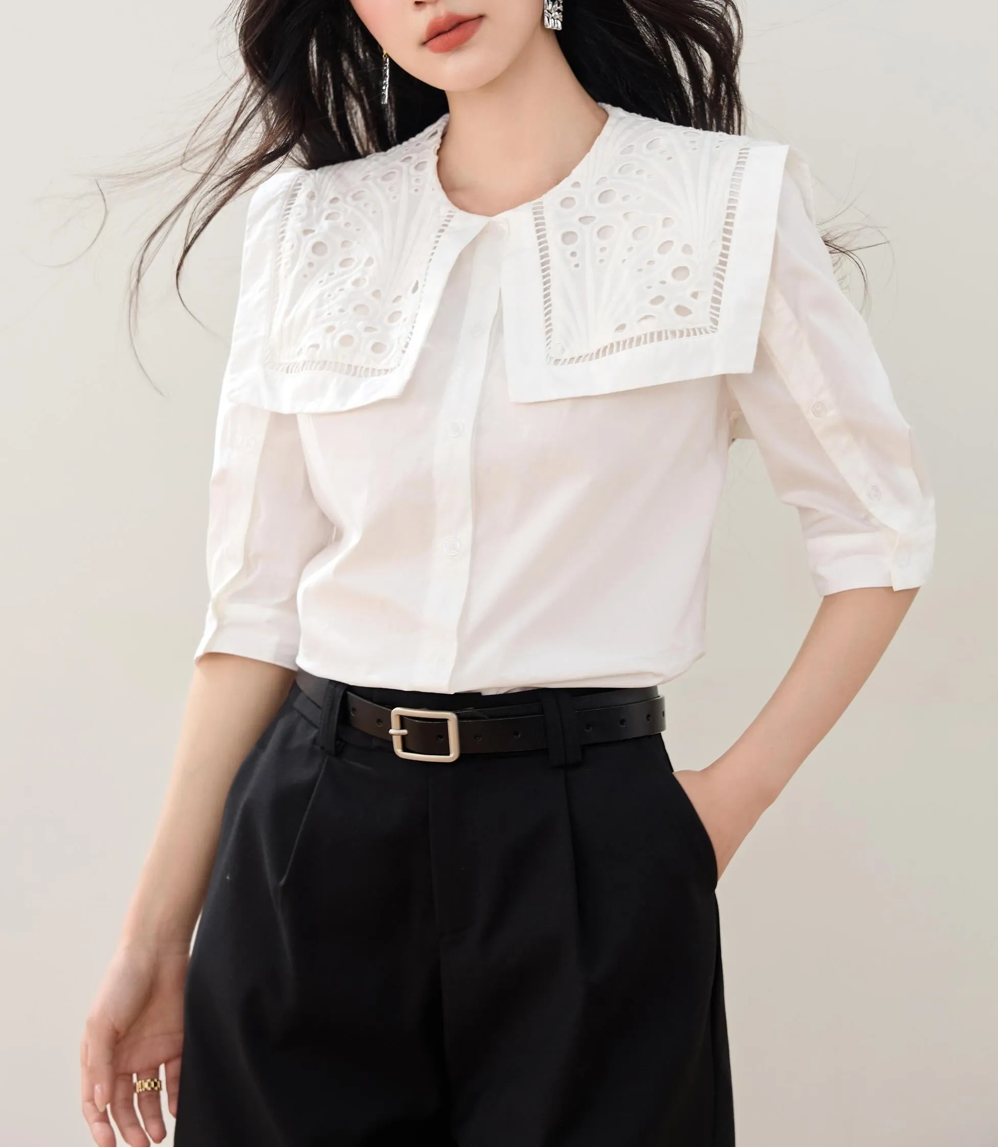 Relaxed-fit Button-up Blouse for Women with Sheer Details