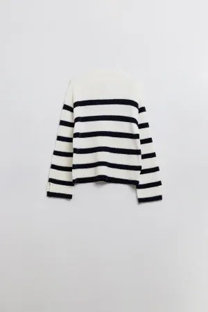 Ribbed knit jersey in cream with navy stripes