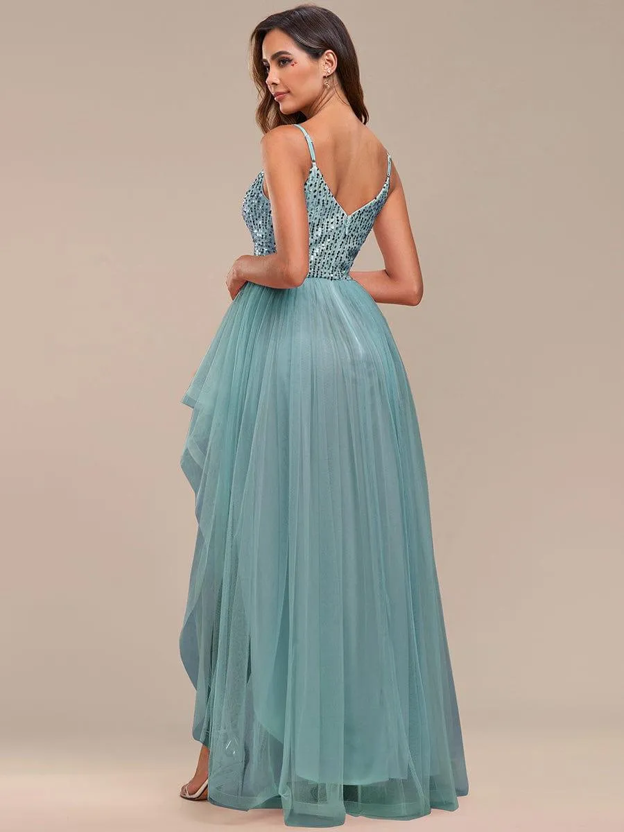 Robe de soirée A-Line en tulle haut-bas à sequins et bretelles fines(Vente finale)