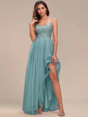 Robe de soirée A-Line en tulle haut-bas à sequins et bretelles fines(Vente finale)