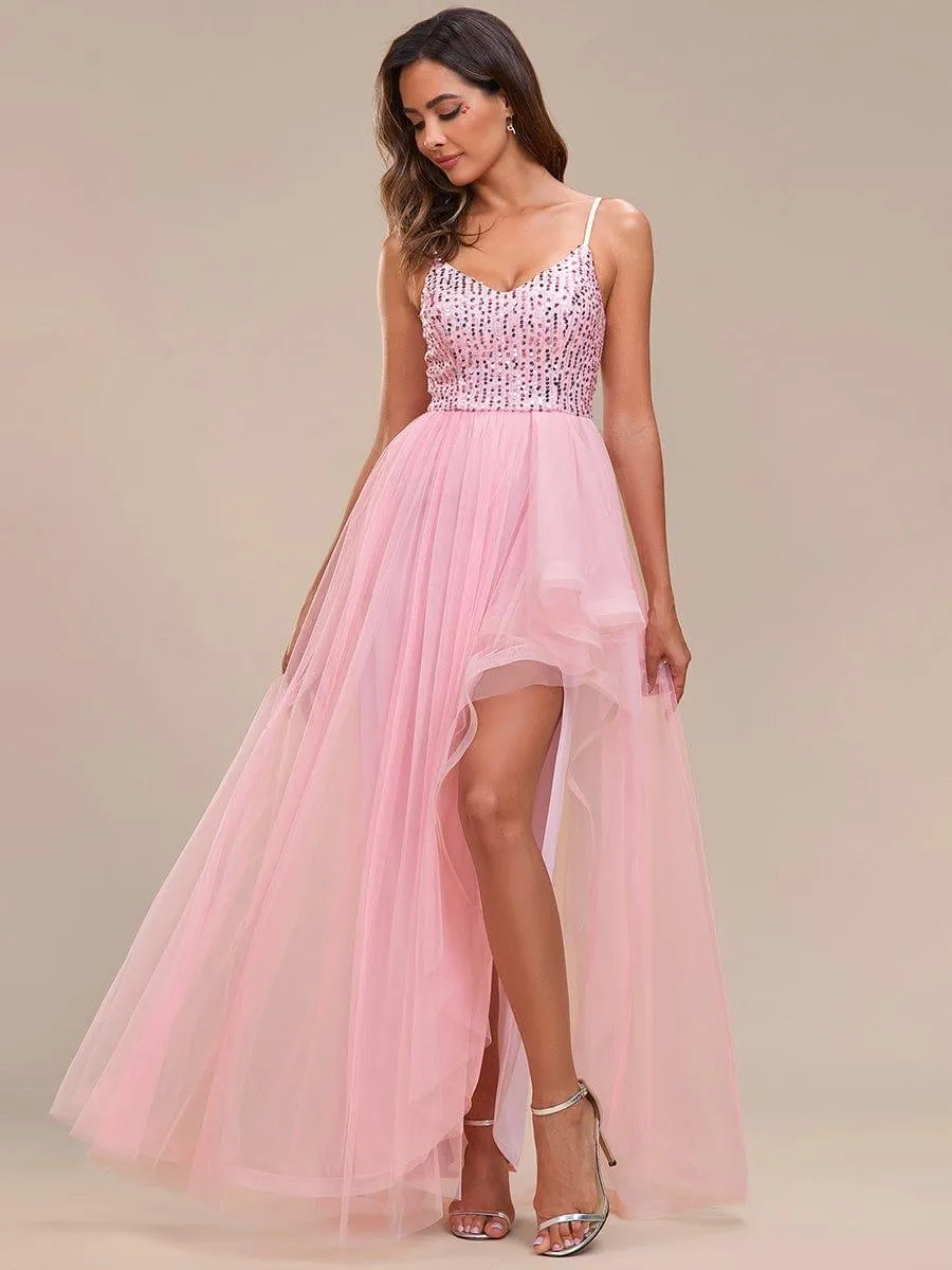 Robe de soirée A-Line en tulle haut-bas à sequins et bretelles fines(Vente finale)