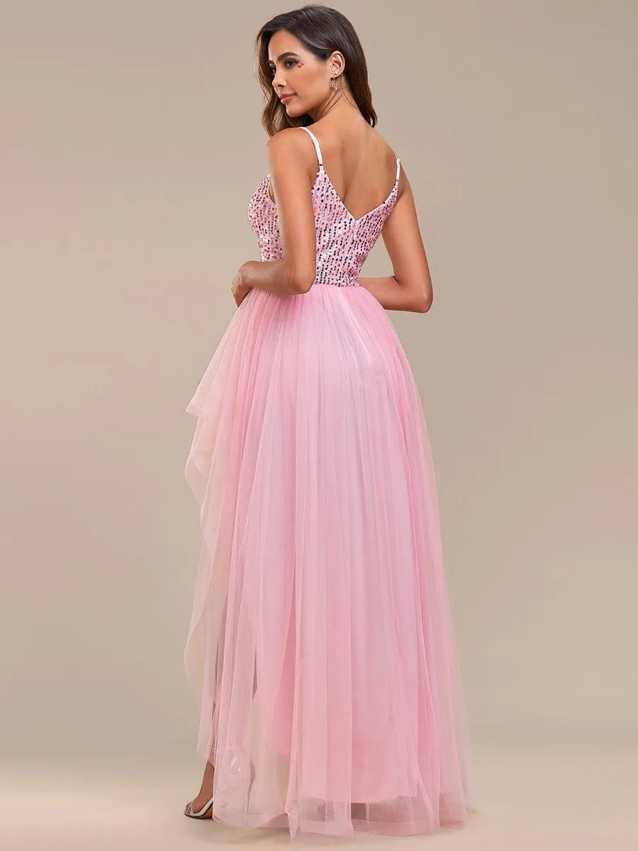 Robe de soirée A-Line en tulle haut-bas à sequins et bretelles fines(Vente finale)