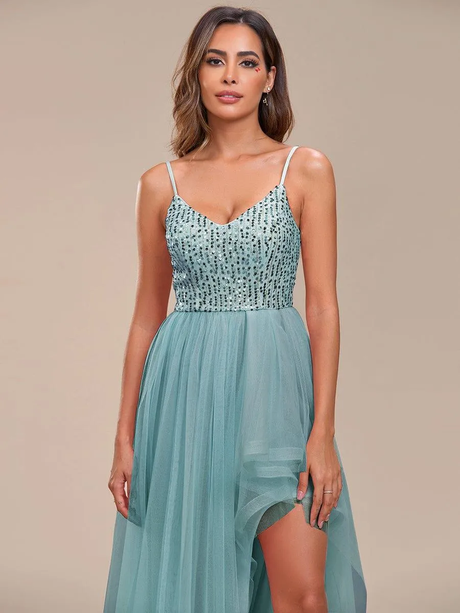 Robe de soirée A-Line en tulle haut-bas à sequins et bretelles fines(Vente finale)