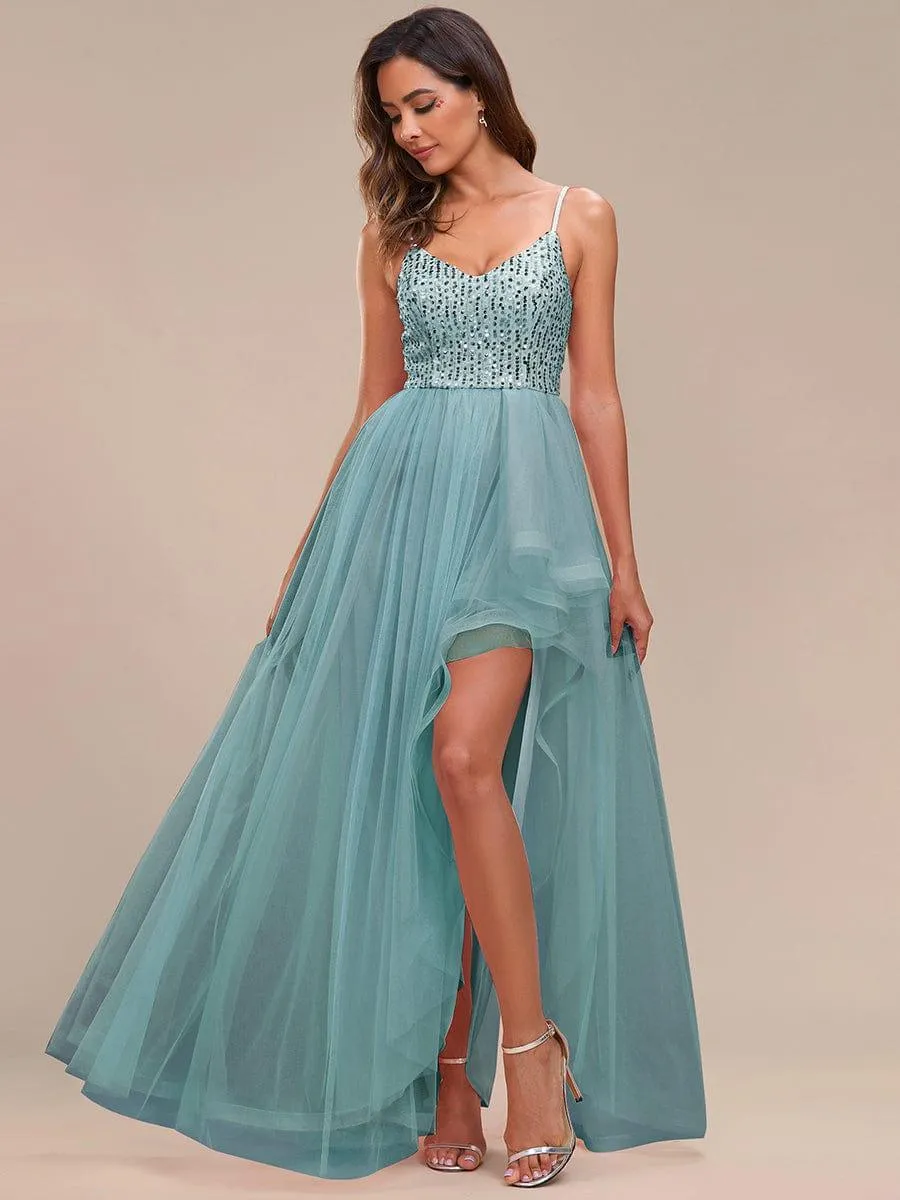 Robe de soirée A-Line en tulle haut-bas à sequins et bretelles fines(Vente finale)