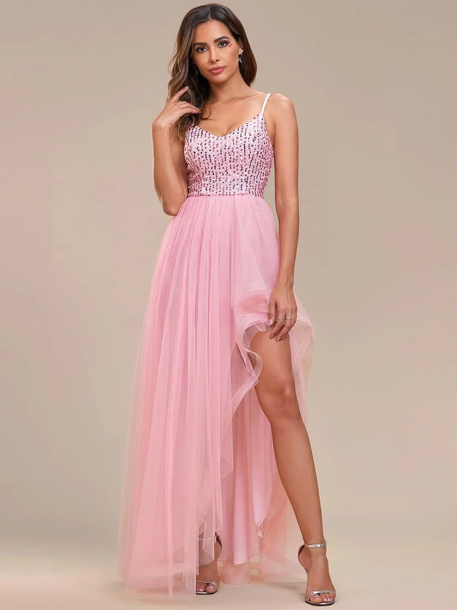 Robe de soirée A-Line en tulle haut-bas à sequins et bretelles fines(Vente finale)
