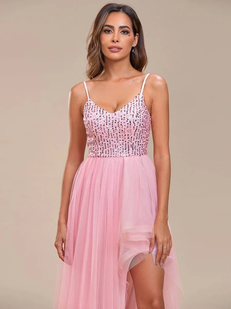 Robe de soirée A-Line en tulle haut-bas à sequins et bretelles fines(Vente finale)