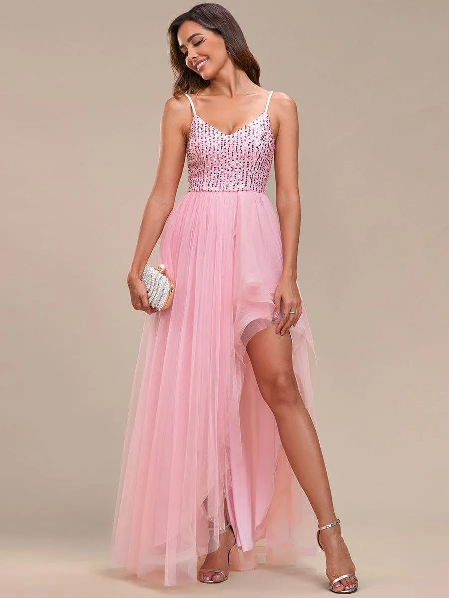 Robe de soirée A-Line en tulle haut-bas à sequins et bretelles fines(Vente finale)