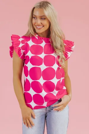 Rose Polka Dot Flutter Sleeve Notched Neck Tiered Flowy Dress