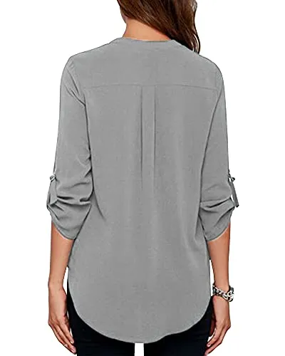 Roswear Women's Cuffed Sleeve Chiffon Blouse