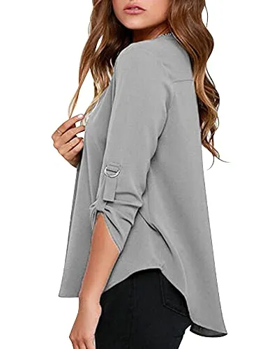 Roswear Women's Cuffed Sleeve Chiffon Blouse