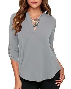 Roswear Women's Cuffed Sleeve Chiffon Blouse