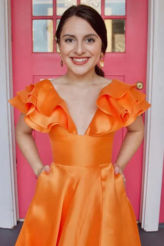 Roycebridal Betsy | Hot Pink V-Neck Ruffle A-Line Long Prom Dress