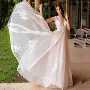 Roycebridal V Neck Wedding Dresses A Line Cap Sleeve