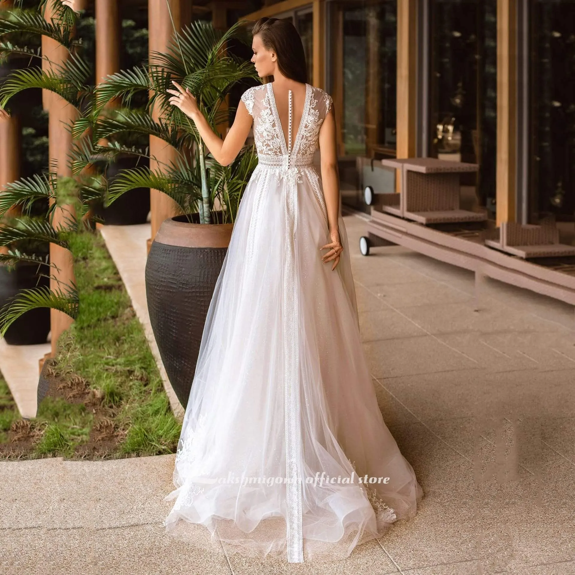 Roycebridal V Neck Wedding Dresses A Line Cap Sleeve